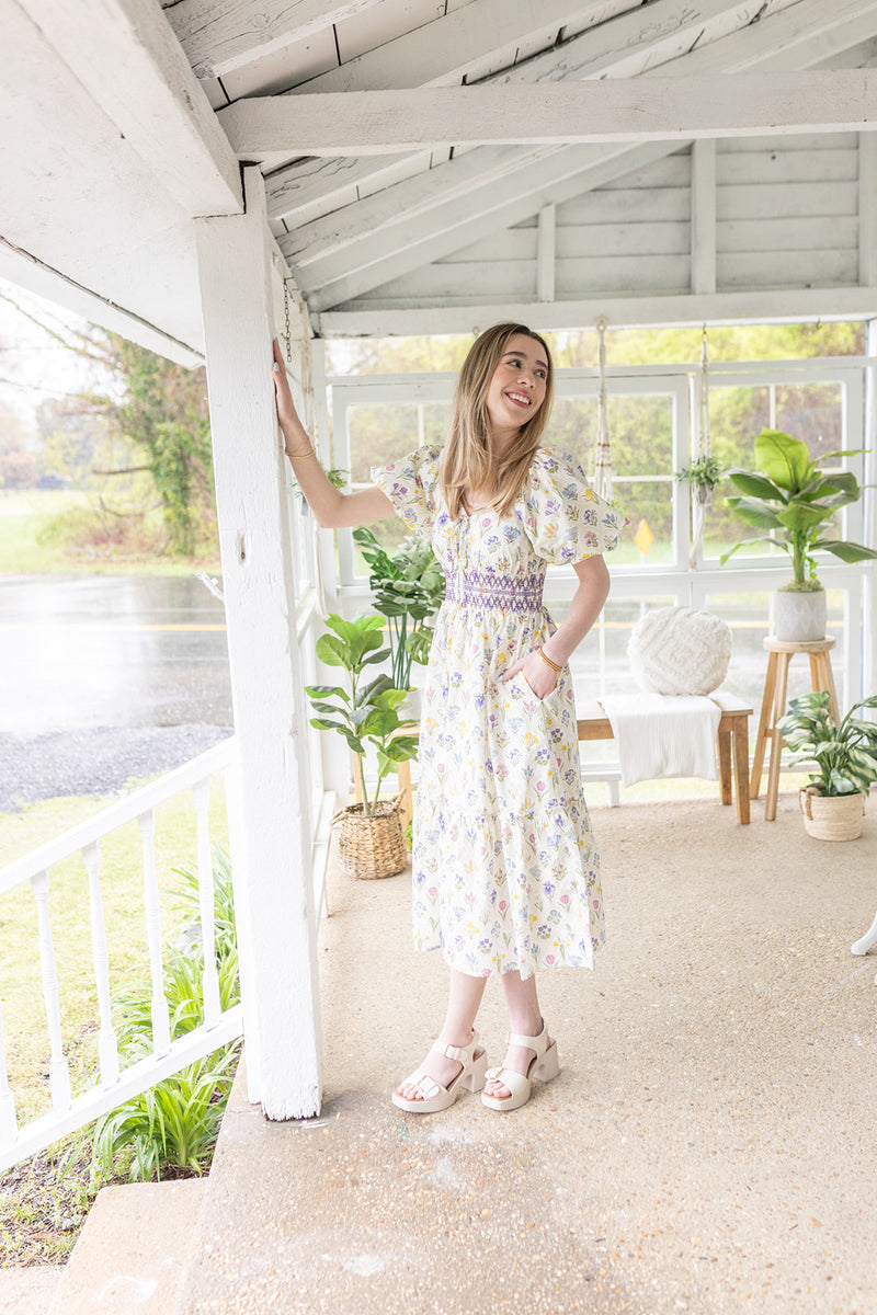 Spring Bouquets Printed Puff Sleeve Midi Dress