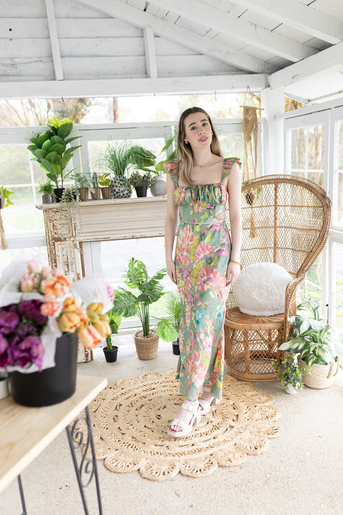 Sage & Peach Floral Satin Midi Skirt