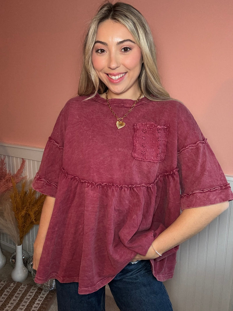 Easy Weekend Washed Babydoll Blouse: Burgundy