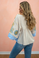 Pop of Boho Embroidered V Neck Blouse: Two Colors