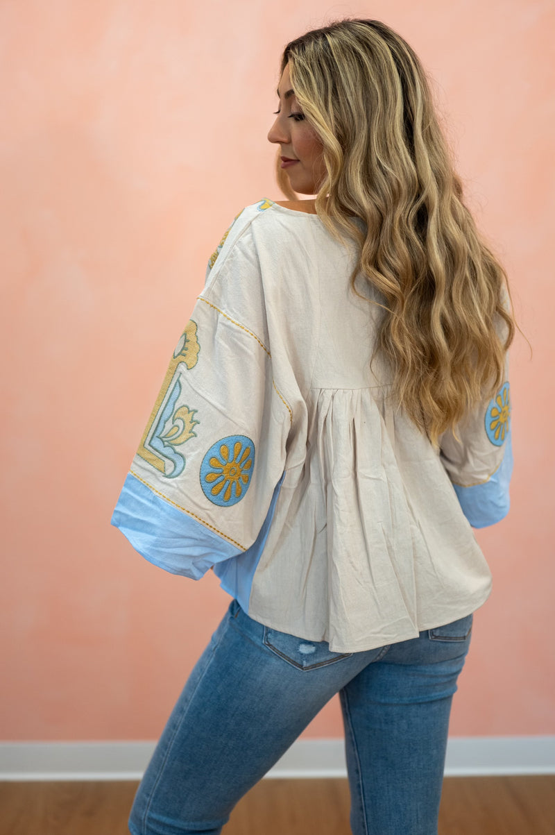 Pop of Boho Embroidered V Neck Blouse: Two Colors