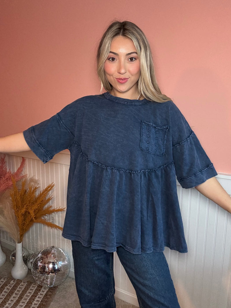 Easy Weekend Washed Babydoll Blouse: Blue