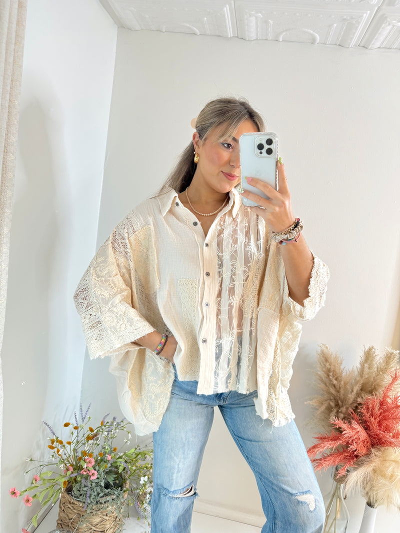 Lace Patchwork Poncho Button Down