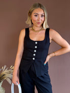 Black tank top, business attire, business casual, button up tank, square neckline tank, black blouse tank linen top
