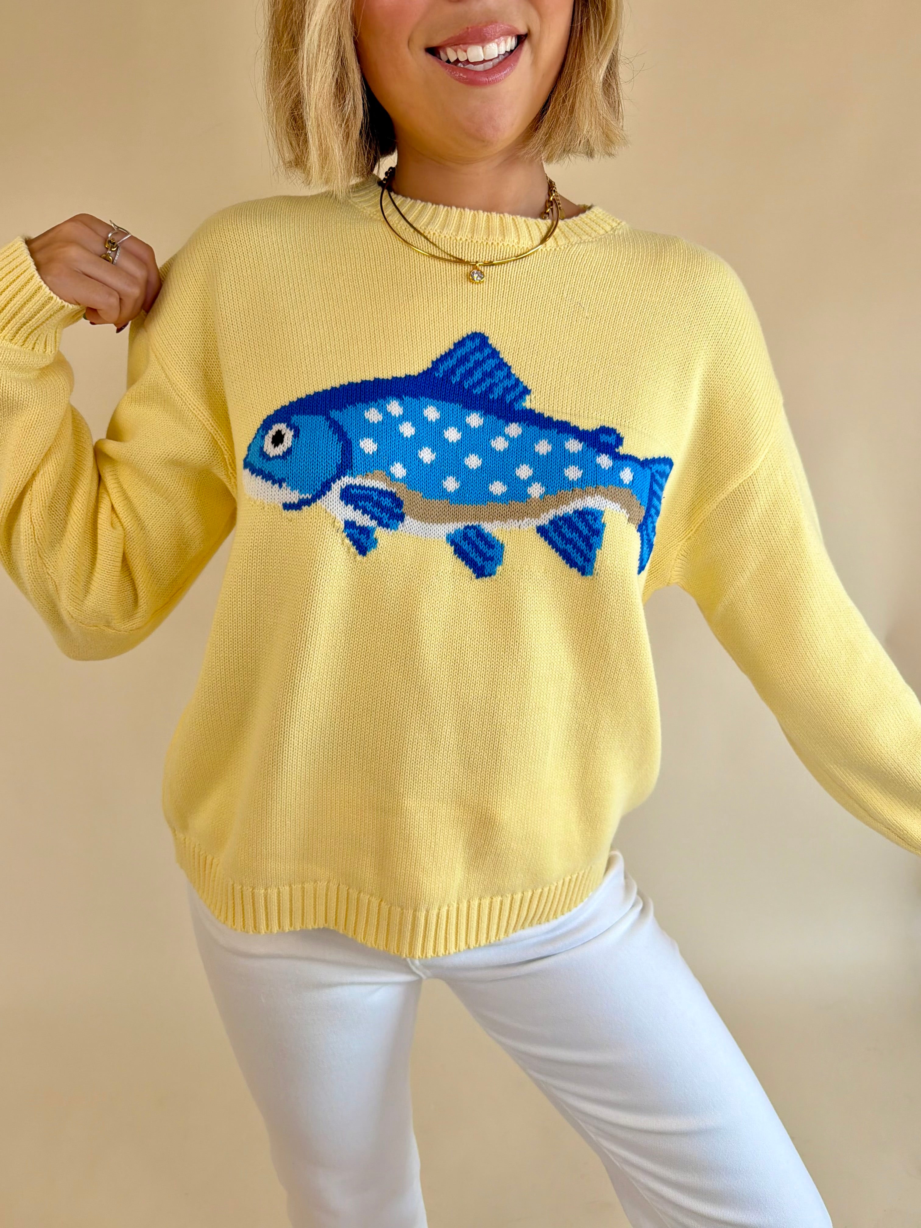 Yellow sweater, Cute sweater inspo, Fish sweater, cotton sweater, Soft yellow, outfit inpo, cute outfit, summer outfit inspo, butter yellow, butter yellow clothe