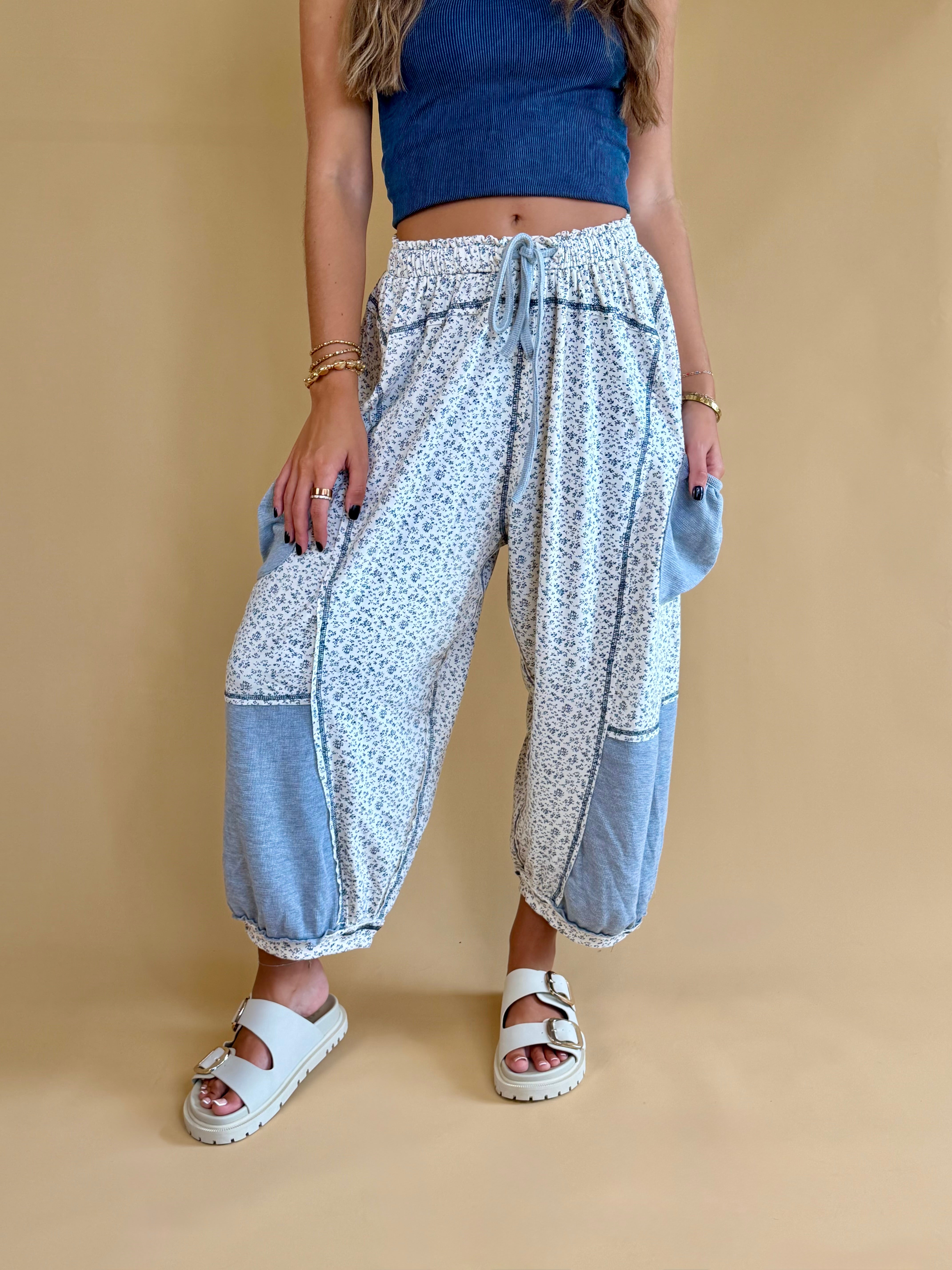 Knit pants, wide leg pants, loungewear, blue floral pants, sweatpants and joggers, elevated comfort 