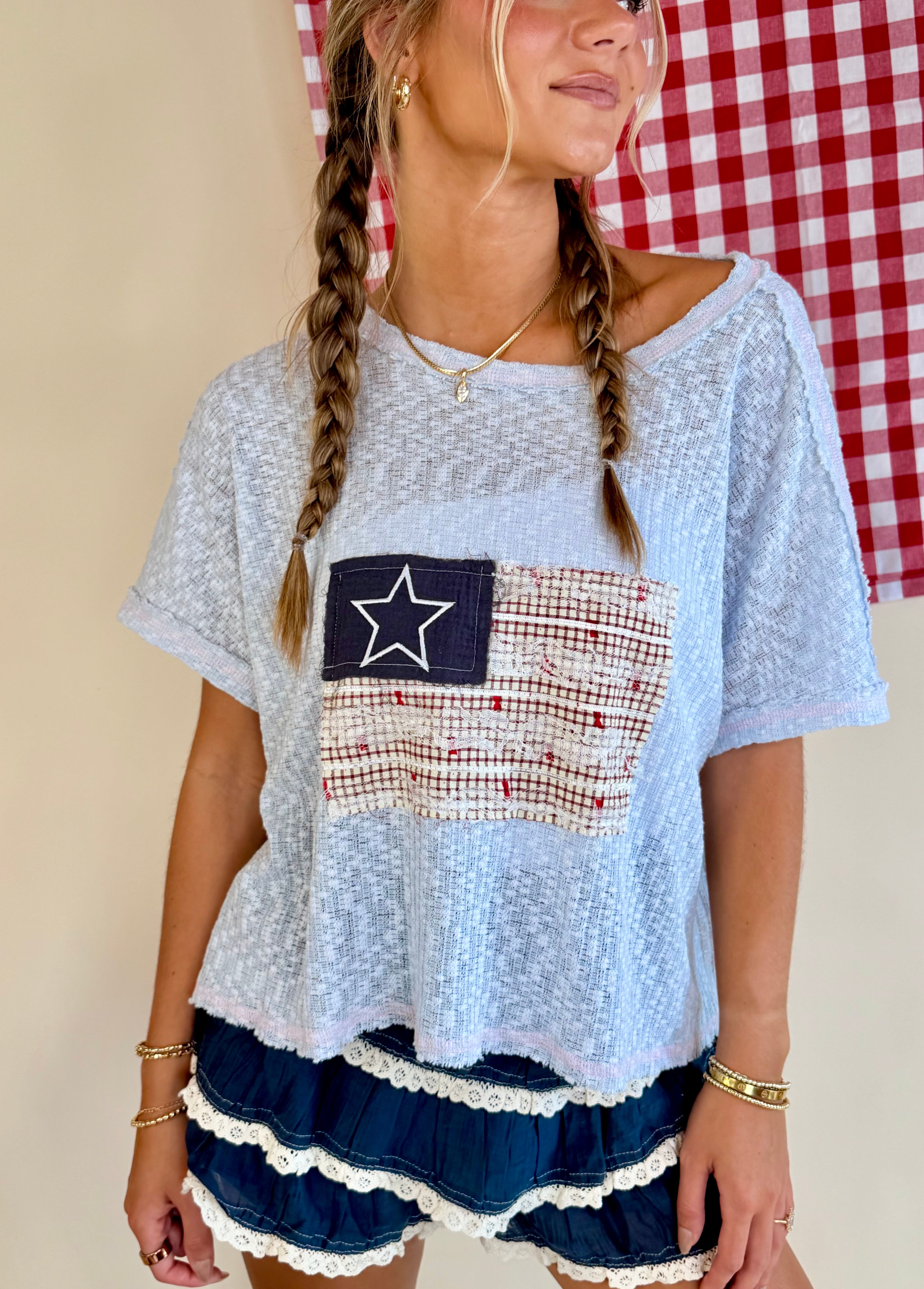 American Flag, Vintage, USA, 4th of July, POL, Open Back, Embroidery, Coquette, Baby Blue