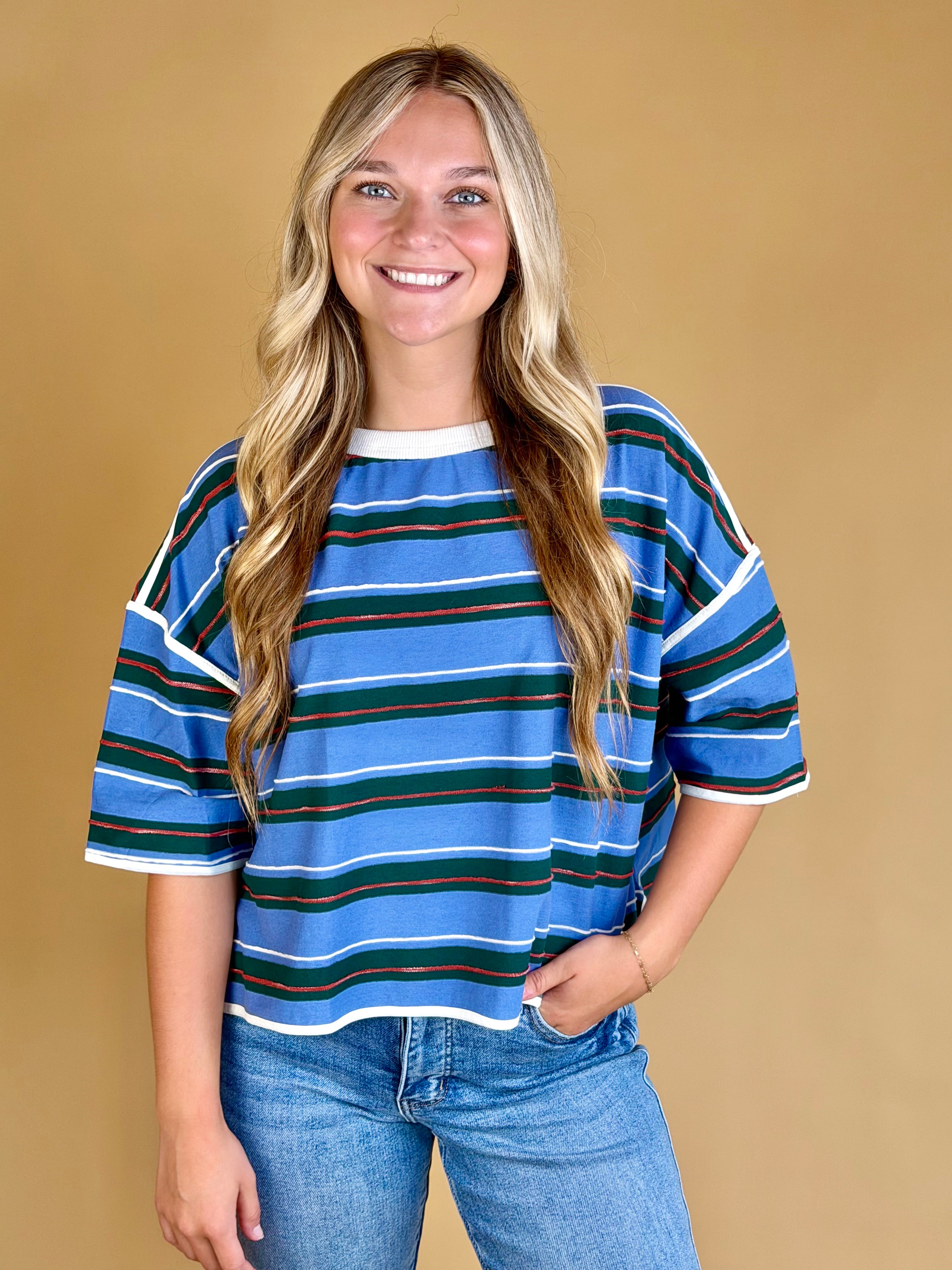 Box Tee, cropped tees, striped tees, back to school, transitional wear, everyday wear, white collar and trim 