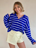 Royal blue and white, henley sweater, button down sweater, blue and white stripe, sweater staple, everyday wear 