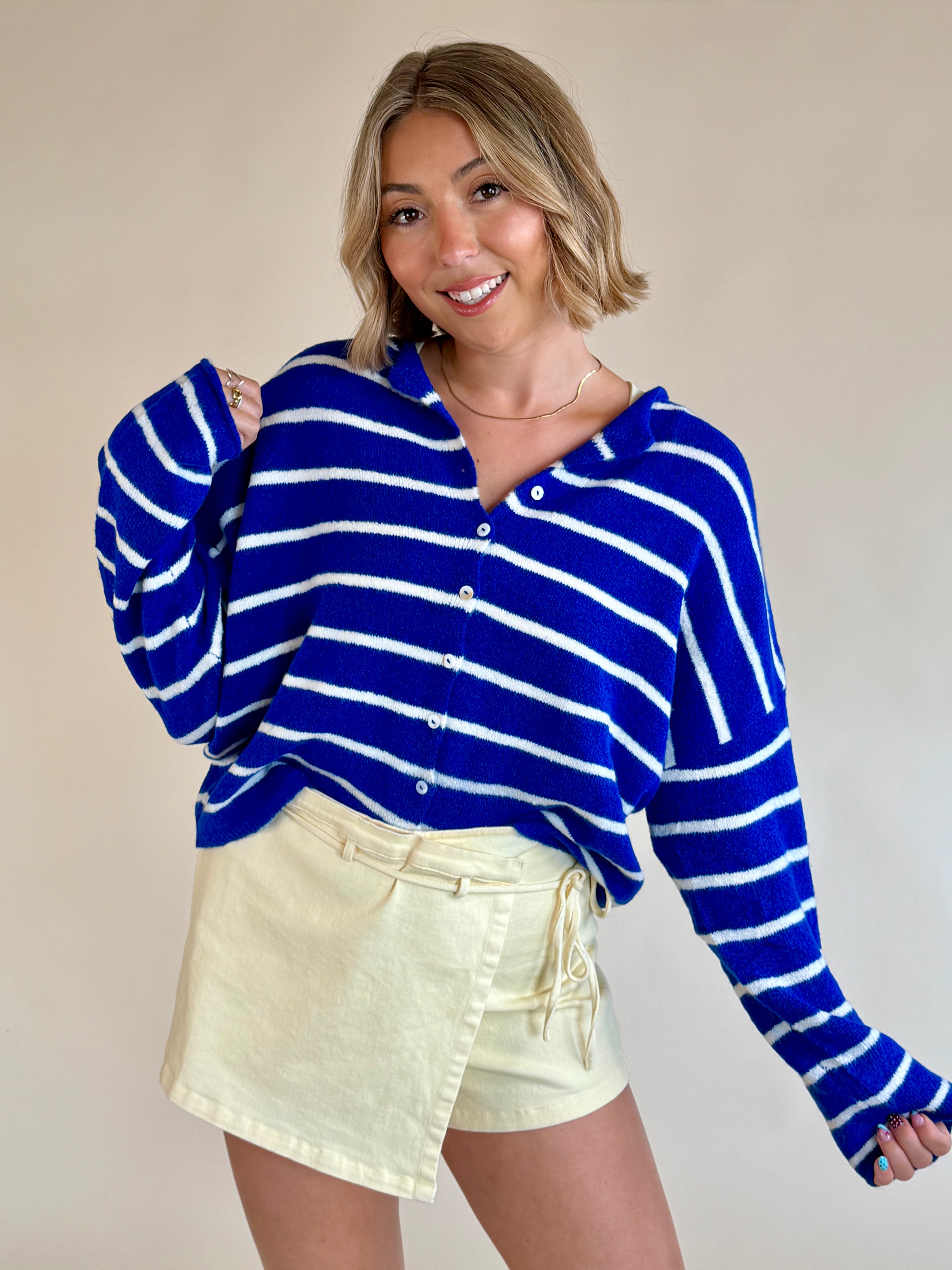 Royal blue and white, henley sweater, button down sweater, blue and white stripe, sweater staple, everyday wear 