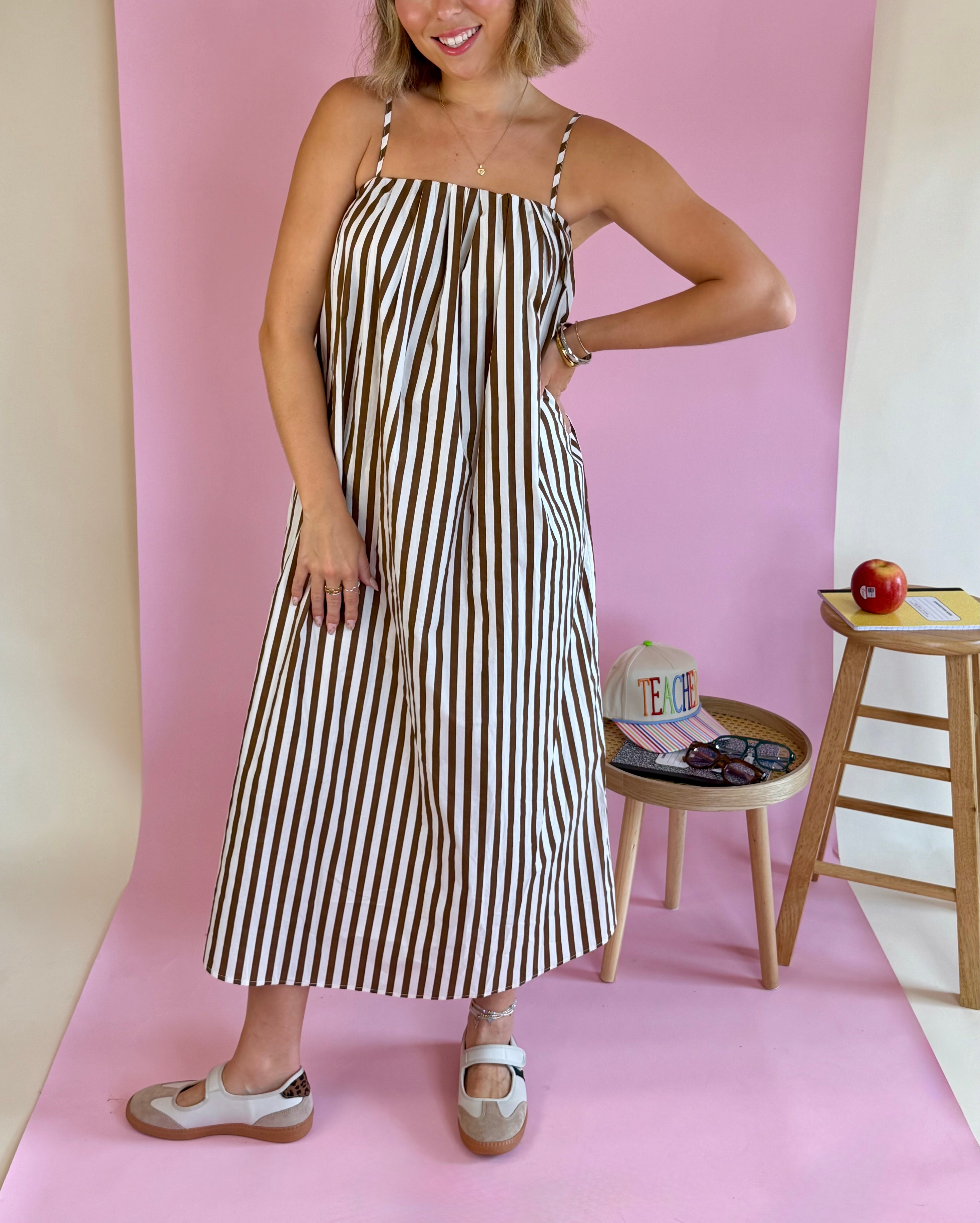 Brown Striped Maxi Dress, Trendy Dress, Striped Dresses, Elevated Casual, Back to school, Teacher Friendly, Cream and Brown