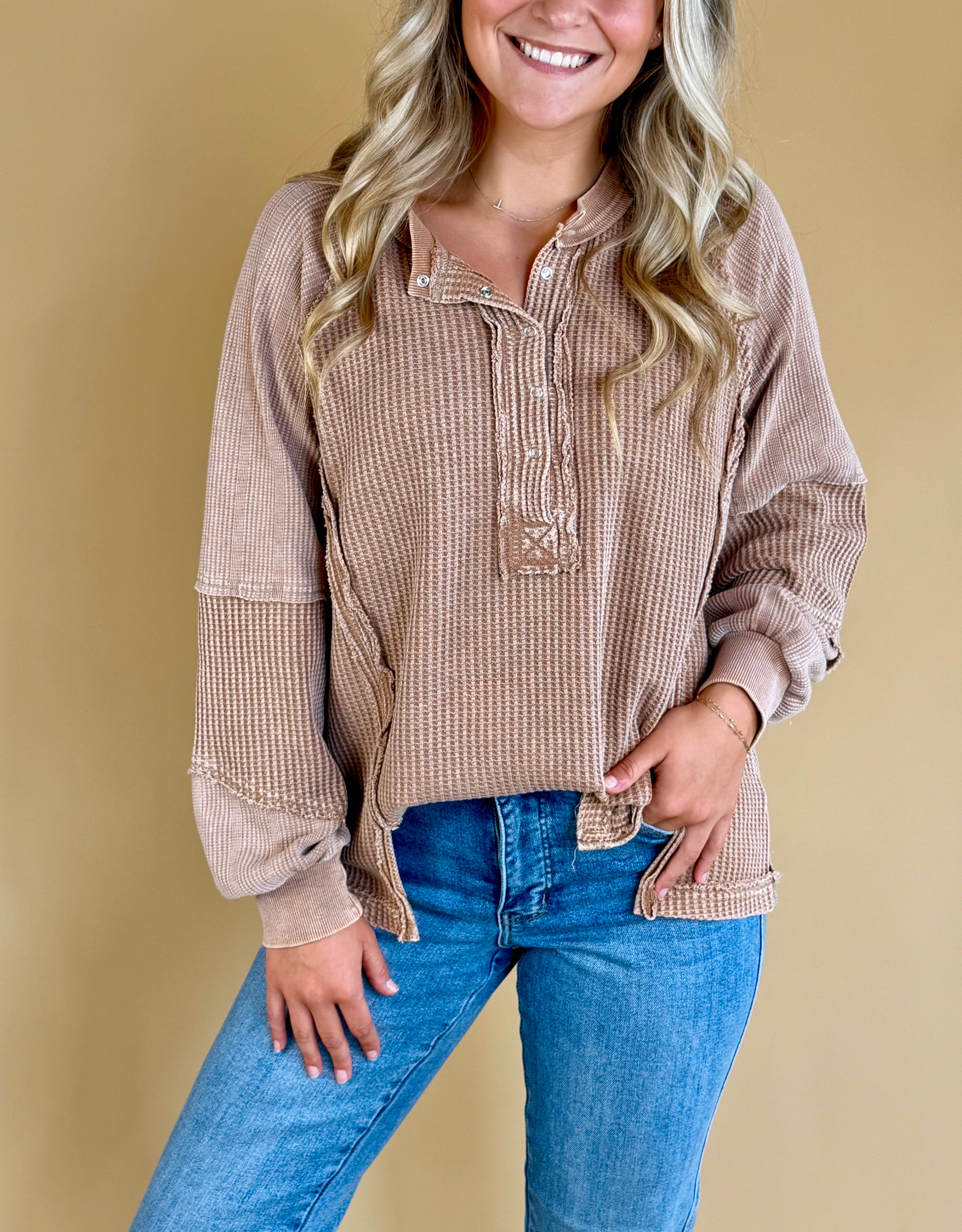 Waffle knit, Quarter Snap, fall wear, pullovers, brown tops, casual wear, loungewear, brown waffle knit, transitional wear