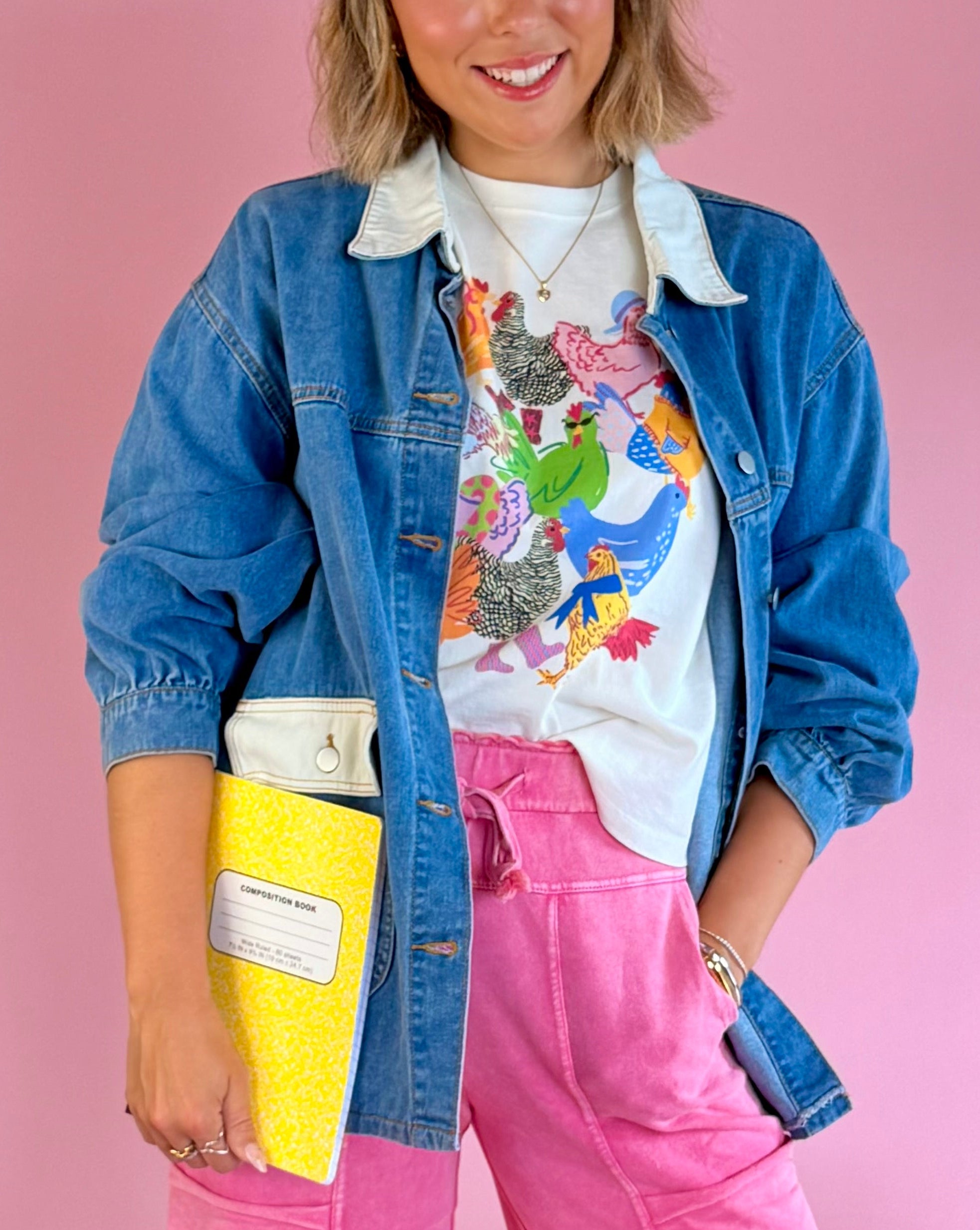 Button Up Denim Jacket, Layering Pieces, Back to School, Outdoor Wear, Jackets, White Pocket denim jacket, Teacher outfit inspo