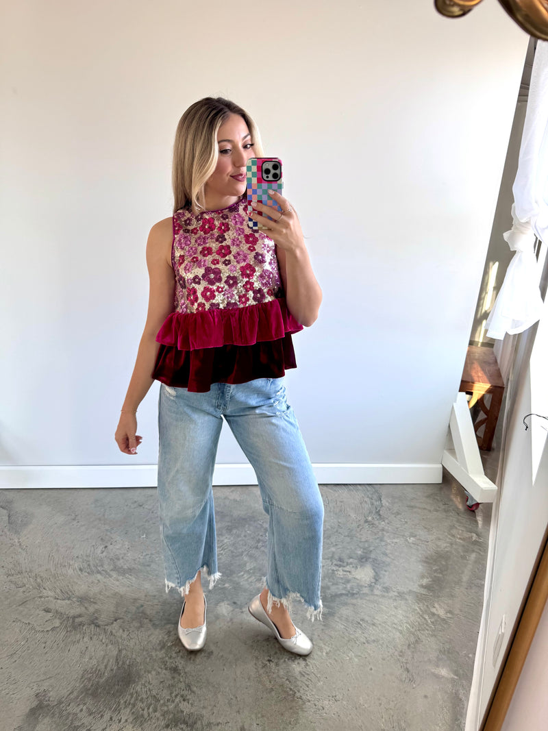 Standout Floral Print Sequined Peplum Top