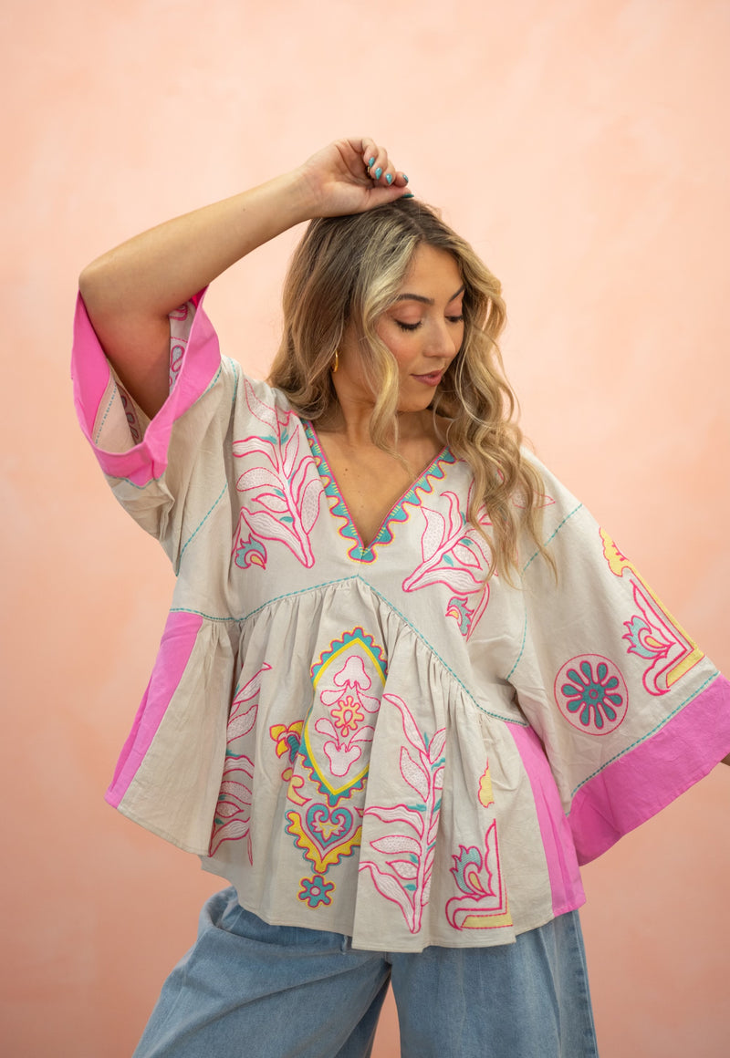 Pop of Boho Embroidered V Neck Blouse: Two Colors