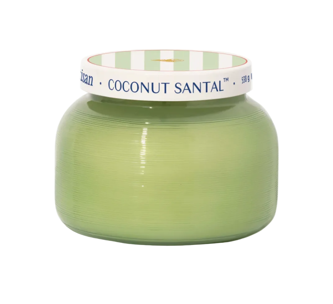Green candle jar with a striped lid labeled 'Coconut Santal' on a white background