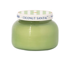 Green candle jar with a striped lid labeled 'Coconut Santal' on a white background