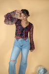 Floral Mesh V-Neck Bell-Sleeve Blouse: Black