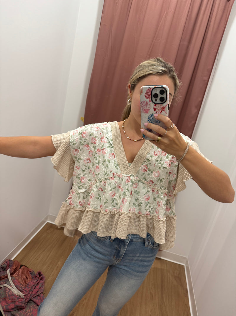 Waffle V-Neck Ruffle Detail Top