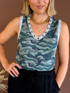 Camo tank, POL tank, tank top, v neck tank top, camo print v neck, gold charm tank top