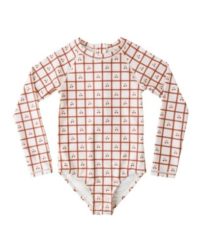 Children's swimsuit with long-sleeve checkered pattern on a white background, cherry gingham, cream and red, cherry pie cutie, long-sleeve bathing suit, baby swim, cherries and plaid