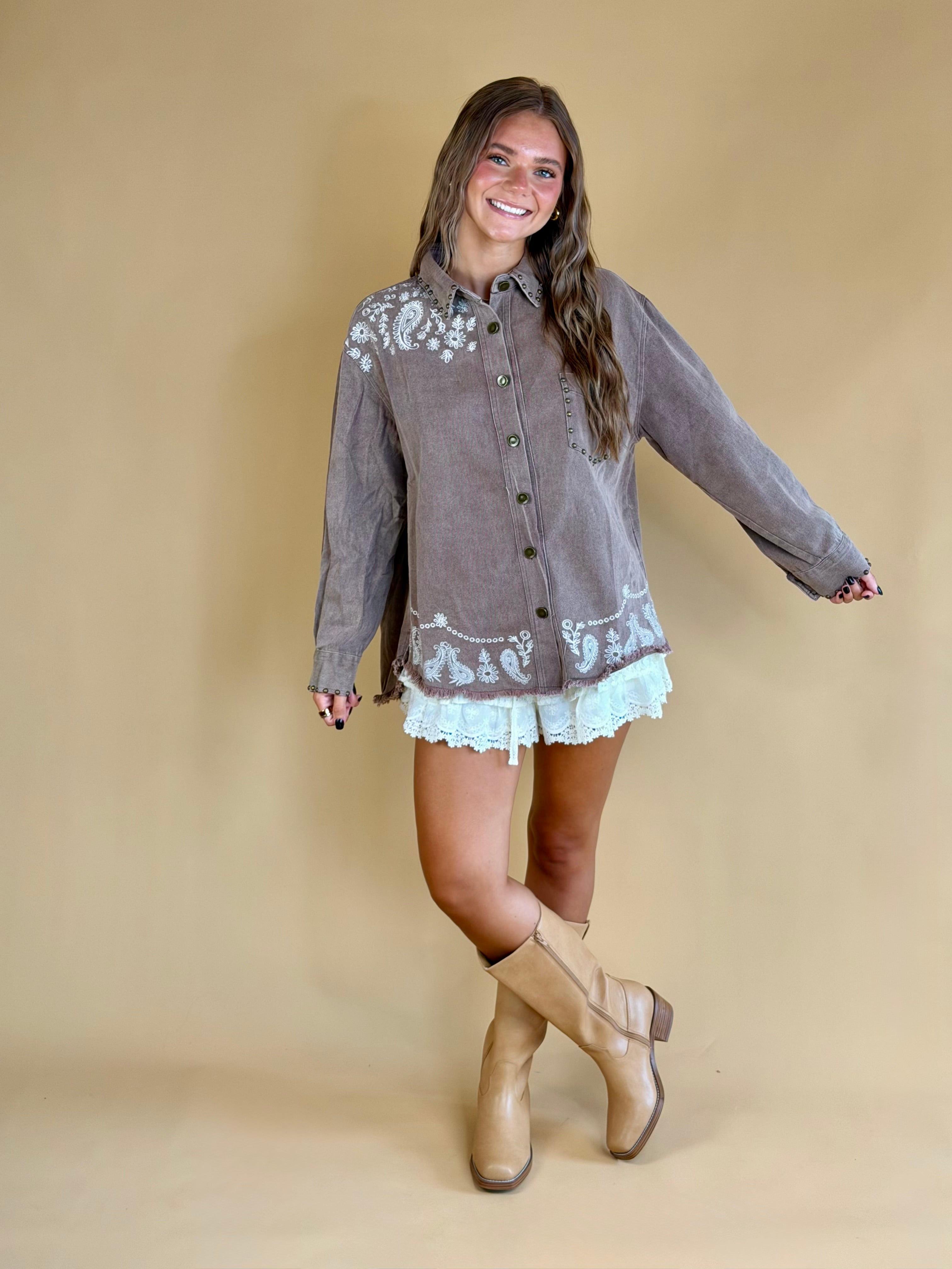 Button ups, layering pieces, fall fashion, paisley trim, jackets, transitional pieces