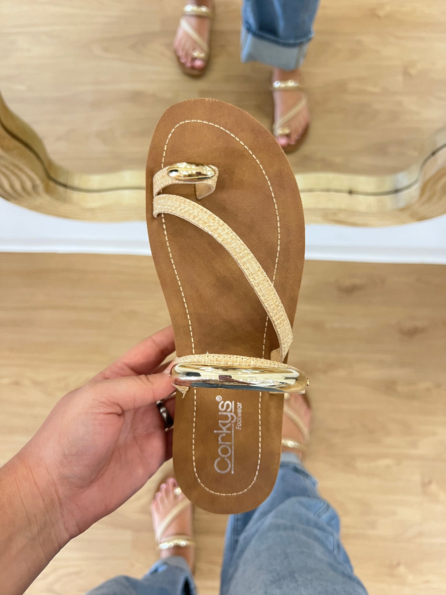 corkys, sandal,toe sandal, boh sandal, summer shoe, raffia, gold hardware