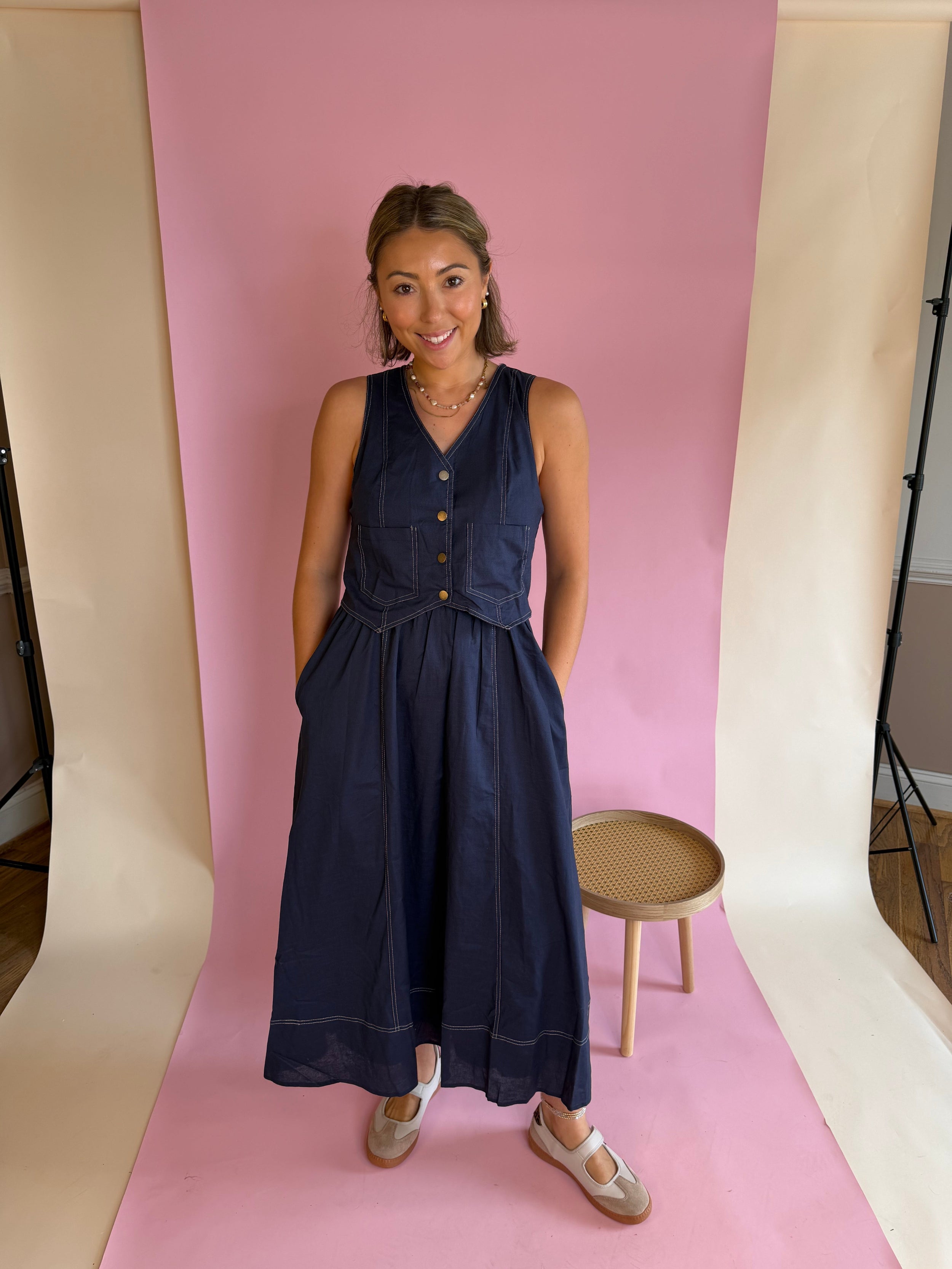 Trendy Maxi Dress, Vest Dress, Maxi Dress, Teacher Friendly, Back to School, Navy Blue Dresses, Gold Button Detail