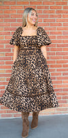 Leopard & Scallop Puff Sleeve Midi Dress