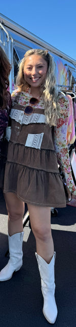 Denim and Lace Tiered Overall Dress: Charcoal Brown