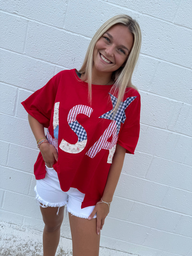 Oversized USA Patchwork Tee: Red