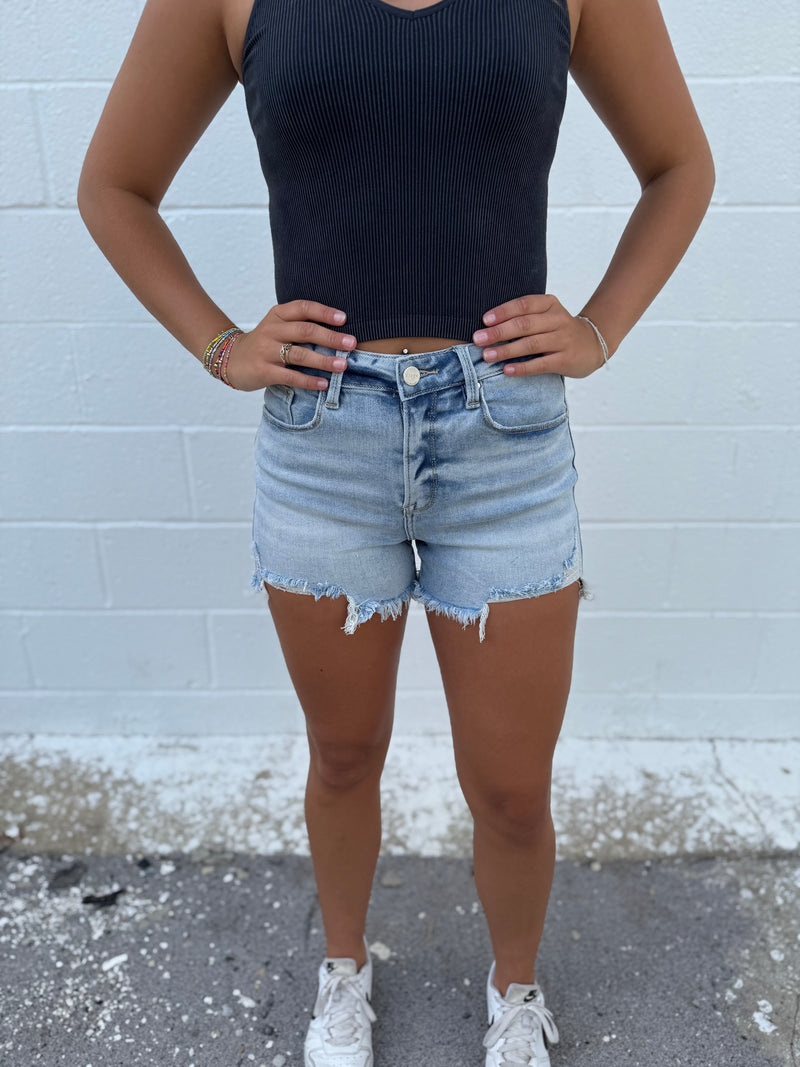Risen Totally Light Washed Distressed Hem Stretch Shorts