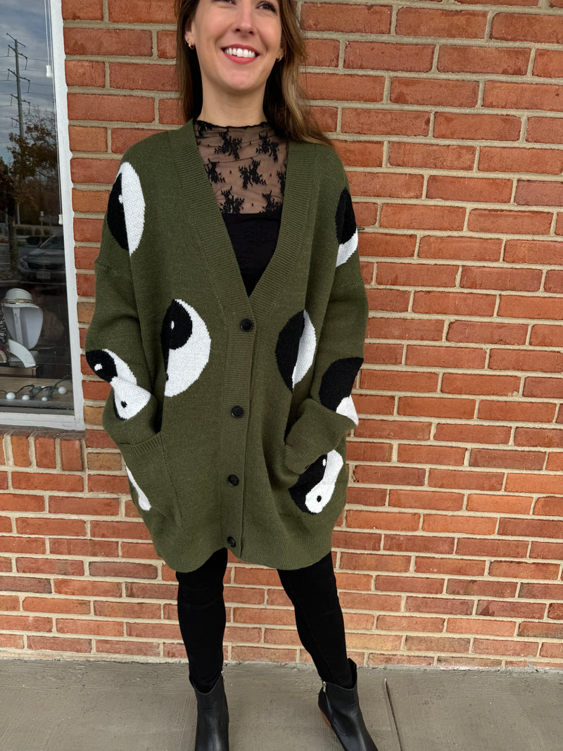 Oversized Yin Yang Cardigan: Olive