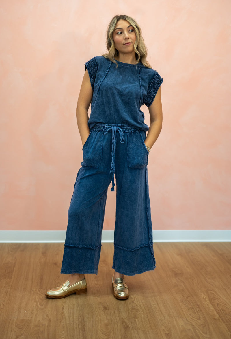 Mineral Wash Boheme Cap Sleeve Blouse: Navy