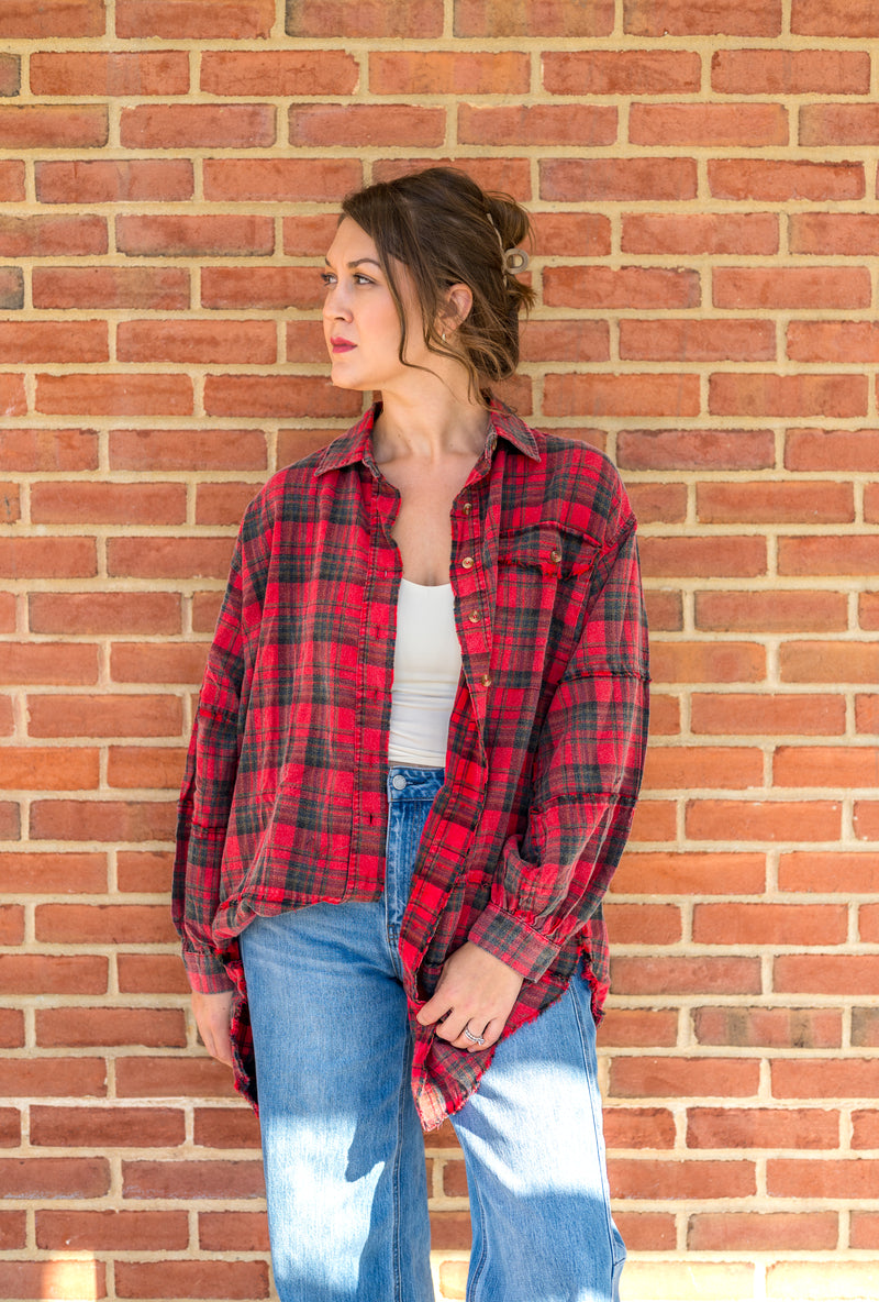 Plaid About You Oversized Flannel: Red/Black