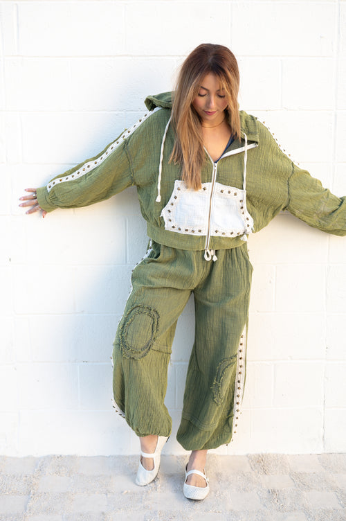 POL Free Spirit Studded Zip-Up: Washed Olive