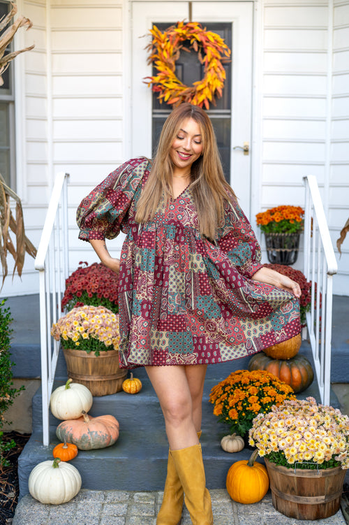 Paisley Puff Sleeve Mini Dress