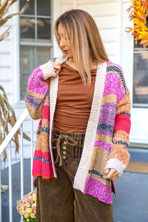 Mixed Yarn Knitted Cardigan: Pink & Peach Combo