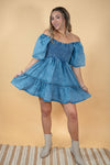 Smocked Puff-Sleeve Denim Acid Mini Dress