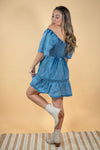 Smocked Puff-Sleeve Denim Acid Mini Dress