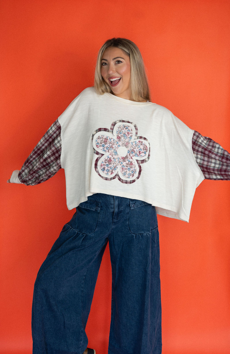 Daisy Flannel Oversized Ballon Sleeve Top: Ivory