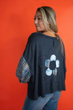 Daisy Flannel Oversized Ballon Sleeve Top: Navy