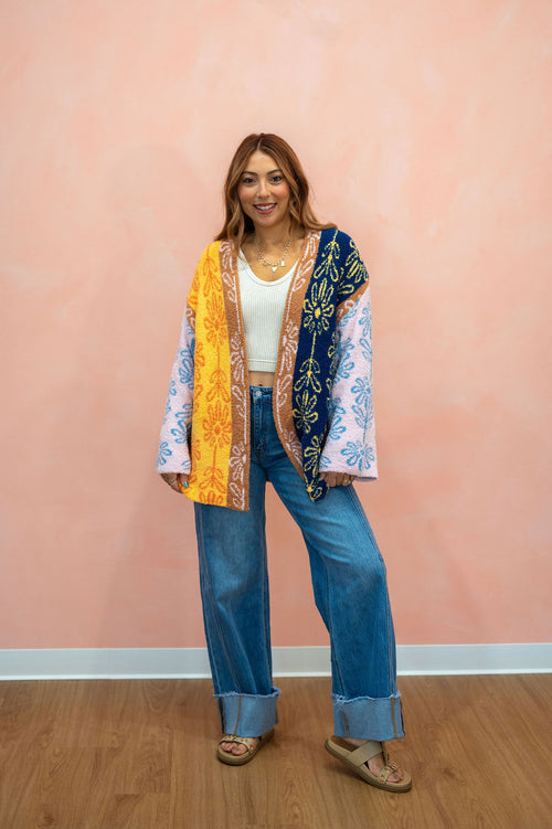 POL Color Blocked Fall Daisy Cozy Soft Cardigan