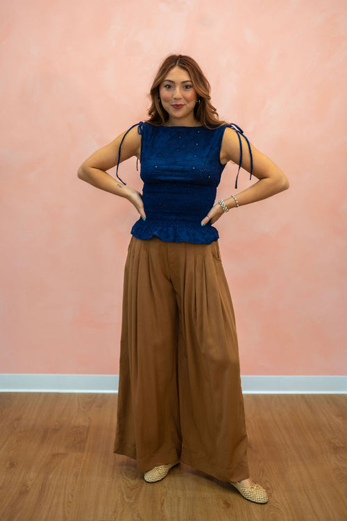 Eyelet Boatneck Smocked Sleeveless Top: Navy