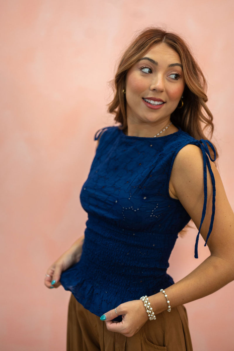 Eyelet Boatneck Smocked Sleeveless Top: Navy
