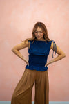 Eyelet Boatneck Smocked Sleeveless Top: Navy