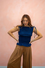 Eyelet Boatneck Smocked Sleeveless Top: Navy