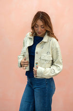 Eyelet Twill Cropped Jacket: Beige