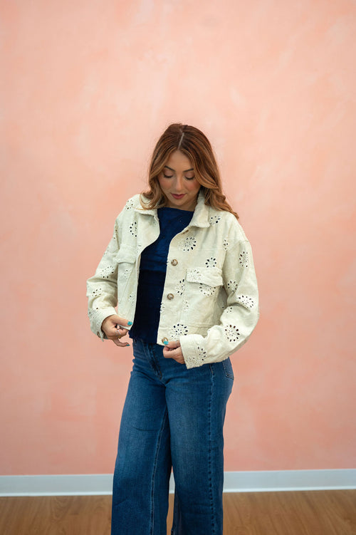 Eyelet Twill Cropped Jacket: Beige