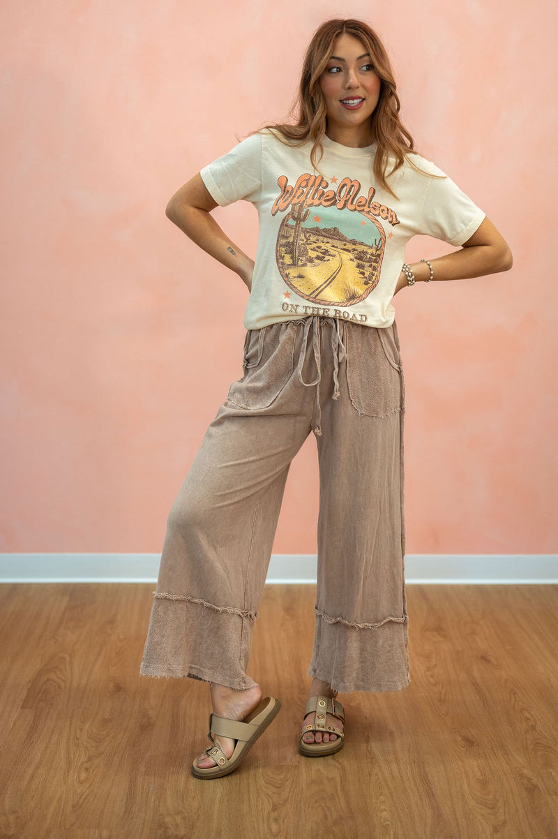 Mineral Wash Wide Leg Cropped Pants: Latte